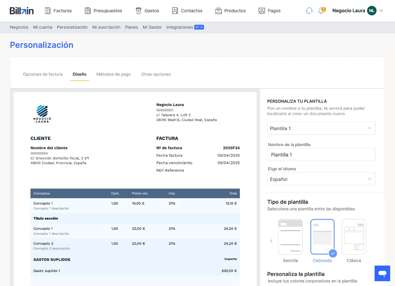 Pantalla de personalizacion de documentos con marca en Billin