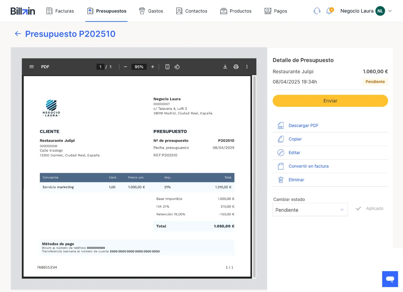 Pantalla para crear presupuestos en Billin