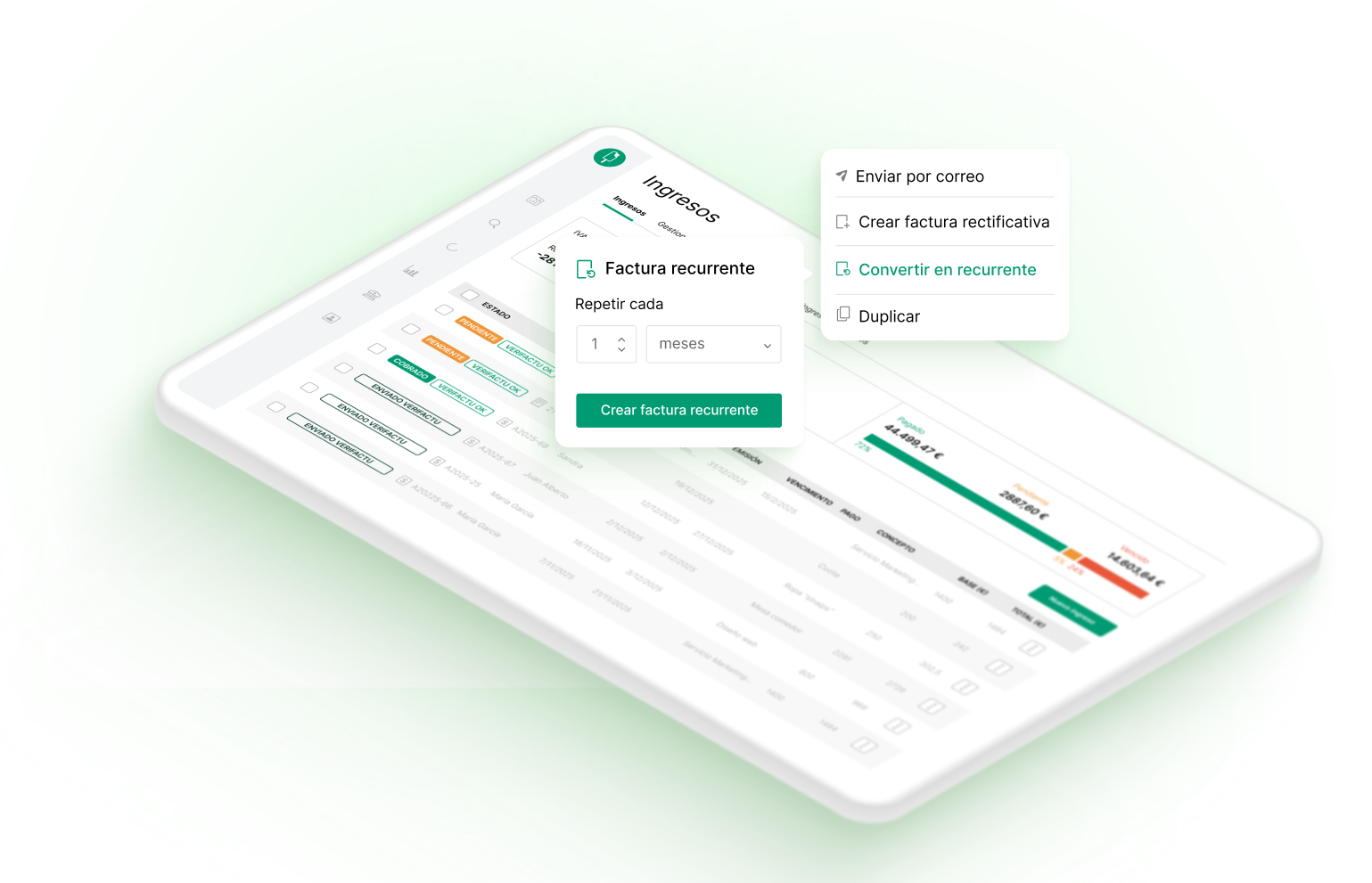 Captura de Quipu con vista de ingresos y acciones de facturación